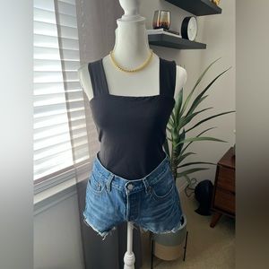 Black square neck thong bodysuit